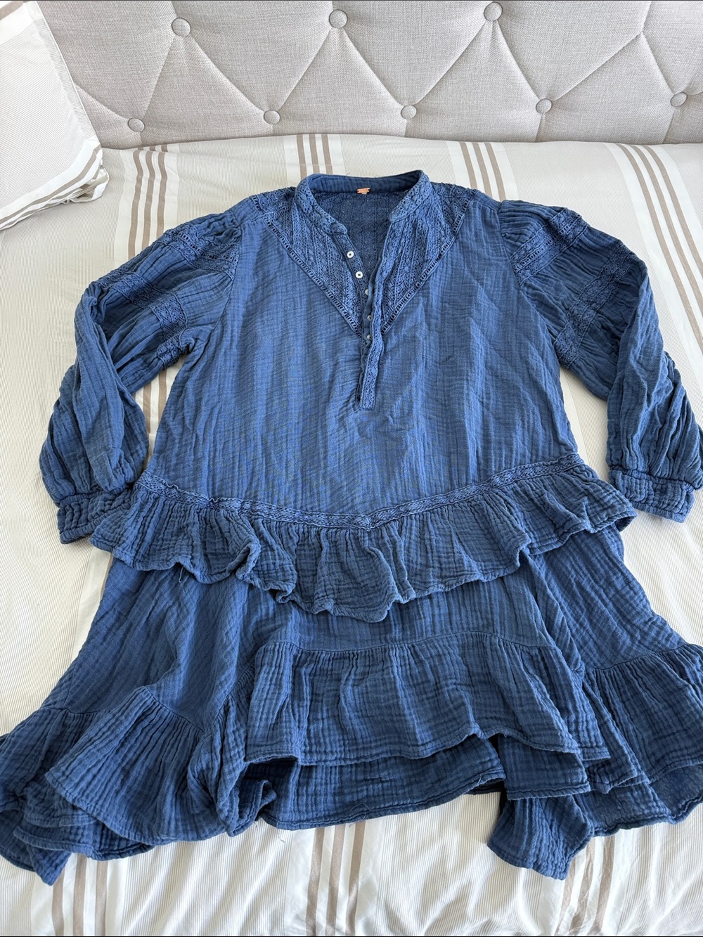100% Cotton Free People Slate Navy Blue Gauze Ruffle Tunic